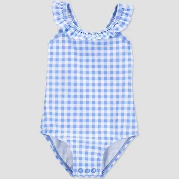 New! Carter's Baby Girl One Piece Swimsuit Blue Gingham Plaid Ruffle Bow - Picture 1 of 7
